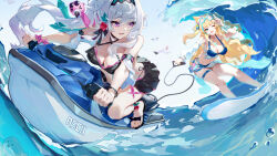  2girls artist_name asc11 bare_shoulders bikini bikini_skirt bird black_bikini blonde_hair blue_bikini breasts cleavage goggles goggles_on_head green_eyes highres honkai_(series) honkai_impact_3rd jet_ski large_breasts long_hair multiple_girls official_alternate_costume open_mouth purple_eyes sacabambaspis sandals seagull songque songque_(summertime_reminiscences) surfboard surfing swimsuit thelema_nutriscu thelema_nutriscu_(roseate_summer) thigh_strap thighs toes very_long_hair water watercraft white_hair 