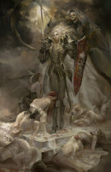  1boy 1other 5girls alucard_(castlevania) blonde_hair brown_hair castlevania_(series) christian_angel death_(entity) highres holding holding_shield holding_sword holding_weapon kneeling long_hair multiple_girls petals red_hair rose_petals scythe shield skeleton sword weapon 