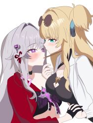  2girls aqua_eyes aquamarine725 black_choker black_gloves blonde_hair blush breasts choker cleavage cleavage_cutout clothing_cutout dress eye_contact eyewear_on_head food food_in_mouth gloves green_eyes grey_hair hair_intakes hair_ornament hand_on_another's_chin highres holding_hands honkai_(series) honkai_impact_3rd interlocked_fingers jacket large_breasts long_hair long_sleeves looking_at_another medium_breasts multiple_girls pocky pocky_day pocky_in_mouth pocky_kiss purple_eyes red_jacket simple_background songque songque_(astralop) sunglasses thelema_nutriscu thelema_nutriscu_(mad_pleasure:_shadowbringer) two_side_up upper_body white_background white_jacket yuri 