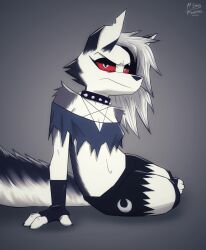  2025 a9_emus/foxemus absurd_res anthro bottomwear canid canid_demon canine clothing cloves collar countershading demon digital_media_(artwork) female grey_background grey_hair grumpy hair hellaverse hellhound helluva_boss hi_res looking_at_viewer loona_(helluva_boss) mammal mythological_canine mythological_creature mythology red_sclera shaded shorts simple_background solo spiked_collar spikes torn_bottomwear torn_clothing torn_shorts white_eyes 