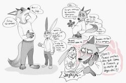  2024 anthro belly big_belly blush bottomwear canid canine claws clothing cotton_tail dialogue dipstick_tail disney duo female fox fur hand_on_belly judy_hopps lagomorph leporid male male/female mammal markings monochrome multiple_images nick_wilde pants pawpads paws plantigrade predator/prey pregnant pregnant_male rabbit shirt spanish_text speech_bubble tail tail_markings text topwear translation_request tucked_shirt viat_on zootopia 