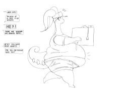  2025 anthro belly big_belly biped black_and_white bottomwear box clothed clothed_anthro clothed_male clothing cocoalop12 container delivery_(commerce) electrical_plug english_description english_text food_delivery furgonomic_bottomwear furgonomic_hat furgonomic_headwear furgonomics generation_6_pokemon goo_creature goo_drip goodra hi_res holding_box holding_container holding_object male male_anthro monochrome nintendo obese obese_anthro obese_male offscreen_character overweight overweight_anthro overweight_male pokemon pokemon_(species) solo speech_bubble text thick_thighs walking 