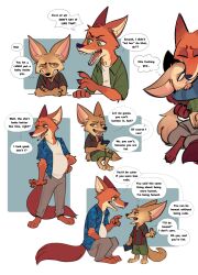  2024 aloha_shirt anthro belly big_belly bottomwear brown_body brown_eyes brown_fur canid canine claws clothing crouching dialogue disney duo electronics english_text fangs fennec_fox finnick_(zootopia) fox fur green_eyes hi_res holding_object holding_phone hug hugging_another insult male mammal multiple_images nick_wilde orange_body orange_fur pants pattern_clothing pattern_shirt pattern_topwear pawpads phone pregnant pregnant_male profanity shirt shorts sitting size_difference speech_bubble tan_body tan_fur teeth text thought_bubble topwear true_fox viat_on zootopia 