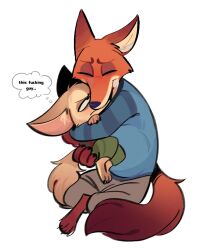  2024 annoyed anthro belly big_belly bottomwear brown_body brown_fur canid canine claws clothing disney duo english_text fennec_fox finnick_(zootopia) fox fur hi_res hug hugging_another male mammal nick_wilde orange_body orange_fur pants paws pregnant pregnant_male profanity shirt shorts simple_background sitting size_difference smile tan_body tan_fur text thought_bubble topwear true_fox viat_on white_background zootopia 