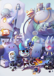  2021 3_fingers absurd_res adobe_photoshop_(artwork) ambiguous_gender amphibian appliance armless bent_legs black_body black_bow_tie black_legs blue_background blue_eyebrows blue_eyes blue_hair bow_tie carrying_another cephalopod clothing coleoid colored digital_drawing_(artwork) digital_media_(artwork) dot_eyes drill_nose ear_piercing ear_ring electronics empty_eyes english_description eyebrows fabio_pochet feral fingers frog green_body green_sclera grey_body grey_clothing grey_hat grey_headwear group hair hat headgear headphones headwear hi_res holding_object holding_saw holding_tool hoop_ear_ring humanoid hybrid kitchen_appliance larger_ambiguous larger_humanoid larger_male light light_bulb lighting limbless long_head machine male male_humanoid marine metallic_body mollusk mouth_closed mouthless multicolored_body narrowed_eyes noseless not_furry_focus octopodiform octopus open_mouth open_smile orange_body piercing plug pupils red_pupils red_sclera ring_piercing robot robot_boy_(fabio_pochet) robot_humanoid saw screen screen_face shaded simple_background simple_eyes sitting size_difference smaller_ambiguous smaller_humanoid smaller_male smile spikes squint standing_on_another teeth tentacle thin_legs toaster tools treads yellow_sclera 