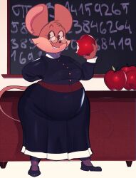  anthro apple belly belt big_belly black_clothing black_dress bottom_heavy brown_body brown_fur chalkboard clothing detailed_background dress eyewear female food fruit fur glasses hi_res louise_thrushwood mammal murid murine plant rodent solo solo_focus sugarrushplus wallpaper wearing_glasses weight_gain 