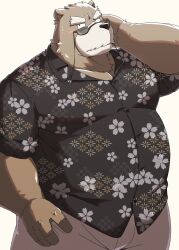  2025 anthro bear belly big_belly biped bottomwear brown_body brown_fur clothing emufu eyewear fur glasses hi_res kemono male mammal mature_male overweight overweight_male pants shirt simple_background solo standing topwear white_background 