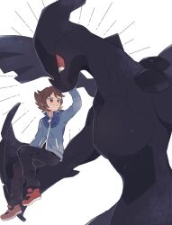  2025 ambiguous_gender anthro black_body brown_eyes brown_hair clothing dragon duo footwear generation_5_pokemon hair hi_res hilbert_(pokemon) himetya105 human legendary_pokemon male mammal mythological_creature mythological_scalie mythology nintendo pokemon pokemon_(species) red_sclera scalie shoes simple_background size_difference white_eyes zekrom 