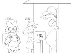  2025 anthro bashful belly big_belly biped black_and_white canid clothed clothed_anthro clothed_female clothed_male clothing cocoalop12 delivery_(commerce) delivery_employee dialogue english_description english_text eyelashes eyewear felid feline female female_anthro flat_chested food_delivery furgonomic_hat furgonomic_headwear furgonomics generation_4_pokemon generation_6_pokemon generation_9_pokemon goggles goo_creature goodra group hi_res larger_anthro larger_male lucario male male_anthro mammal meowscarada monochrome moobs nintendo obese obese_anthro obese_male overweight overweight_anthro overweight_male pokemon pokemon_(species) size_difference smaller_anthro smaller_female smaller_male standing text trio uber_eats 