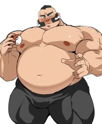  1boy bara big_belly black_hair blush closed_mouth commentary_request facial_hair grey_eyes highres holding holding_poke_ball huge_pectorals kaeru333938123 male_focus mohawk muscular muscular_male navel nipples pants pectorals philippe_(pokemon) poke_ball pokemon pokemon_legends:_z-a simple_background solo strongman_waist topless_male white_background 