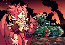  1boy 1other animal_ears animal_hands bat_wings breasts claws commission english_commentary female folded_wings fur_collar highres large_breasts lion_ears lion_paw manticore_(monster_girl_encyclopedia) monster_girl open_mouth pink_eyes pink_hair pixiv_commission prehensile_tail red_wings sarashi setz spread_wings tail techpriest warhammer_40k wings wrench 