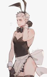  1boy amenohi animal_ear_headband animal_ears apron arm_behind_head arm_up back_bow bare_shoulders black_gloves black_leotard black_thighhighs blue_eyes blush bow closed_mouth crossdressing devil_may_cry_(series) devil_may_cry_5 fake_animal_ears gloves leotard looking_ahead maid_apron male_focus male_playboy_bunny nero_(devil_may_cry) pectoral_cleavage pectorals pulling_own_clothes rabbit_ears short_hair simple_background solo thighhighs thighs very_short_hair white_background white_bow white_hair wrist_cuffs 