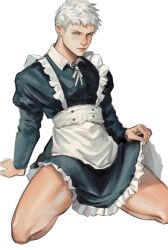  1boy alternate_costume apron arm_support blue_eyes closed_mouth clothes_lift collared_dress commentary crossdressing devil_may_cry_(series) devil_may_cry_5 dress english_commentary enmaided frilled_dress frills highres juliet_sleeves kdf_(nomorelemontea) lifting_own_clothes long_sleeves maid maid_apron male_focus neck_ribbon nero_(devil_may_cry) puffy_sleeves ribbon short_hair simple_background sitting skirt skirt_lift solo very_short_hair wariza white_background white_hair white_ribbon wing_collar 