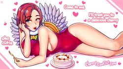  1girls big_breasts blue_eyes blush breasts cake dark_conflict_lian dialogue english_text female female_only food heart hi-rez_studios ikkimay large_breasts laying_down lian_(paladins) light-skinned_female light_skin one-piece_swimsuit ornament paladins red_hair seductive seductive_smile short_hair sideboob solo solo_female swimsuit tagme text thighs white_background 