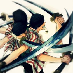  bandana biting fighting green_hair holding holding_sword holding_weapon male_focus multiple_heads nekome3 official_alternate_costume one_piece roronoa_zoro short_sleeves sword weapon white_background 