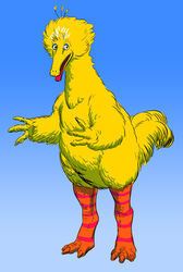  3_fingers 3_toes anthro avian big_bird_(sesame_street) bird blue_background deinocheirus dinosaur extinct feathers feet fingers gradient_background hybrid male markings open_mouth pink_markings pink_stripes prehistoric_species raised_tail reptile scalie sesame_street simple_background solo stripes tail toes white_body white_feathers yellow_body yellow_feathers 