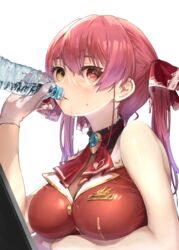  ascot blush bottle breasts cleavage commentary_request drinking female gloves hair_ribbon heterochromia highres holding holding_bottle hololive houshou_marine houshou_marine_(1st_costume) large_breasts long_hair looking_at_viewer red_ascot red_eyes red_hair red_ribbon ribbon see-through see-through_cleavage simple_background solo twintails upper_body virtual_youtuber wankosukii water_bottle white_background white_gloves yellow_eyes 