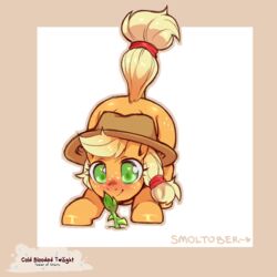  1:1 2022 applejack_(mlp) ass_up blush clothing cold-blooded-twilight digital_media_(artwork) earth_pony english_text equid equine female feral freckles friendship_is_magic fur hair hasbro hat headgear headwear hi_res horse mammal my_little_pony orange_body orange_fur plant pony smile solo tan_hair text 