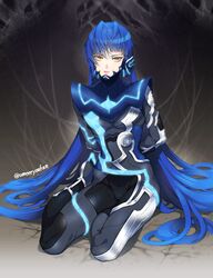  1boy androgynous arms_behind_back asymmetrical_bangs asymmetrical_hair bad_id bad_twitter_id blue_hair bodysuit commentary_request eyelashes full_body glowing grey_background highres long_hair looking_at_viewer male_focus on_ground parted_lips protagonist_(smtv) shin_megami_tensei shin_megami_tensei_v sidelocks sitting solo twitter_username umeeeyoukan very_long_hair yellow_eyes yokozuwari 