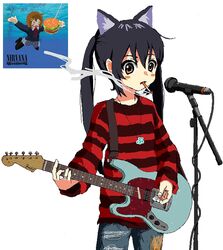  2girls aiu404l album_cover album_cover_redraw animal_ears bad_id bad_twitter_id black_hair black_pantyhose blush brown_hair burger cat_ears cigarette collar cover cowboy_shot denim derivative_work electric_guitar fender_mustang fishing_line food guitar hair_ornament hairclip highres hirasawa_yui instrument jeans jewelry k-on! kurt_cobain left-handed long_hair medium_hair microphone microphone_stand multiple_girls nakano_azusa necklace necktie nevermind nirvana_(band) pants pantyhose parody plectrum red_sweater ring sakuragaoka_high_school_uniform school_uniform skirt smoke smoking striped_clothes striped_sweater sweater torn_clothes torn_pants twintails underwater white_background winter_uniform 