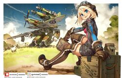  ammunition black_shorts blonde_hair blue_eyes boots box breasts brown_footwear brown_gloves cloud english_commentary female freckles fur_trim gerwalk gloves gun gunpod holding holding_gun holding_weapon looking_at_viewer machine_gun macross mask mask_around_neck mecha mechanization parody parted_lips pink_shirt propeller redesign reverse-jointed_legs robot royal_air_force sheep shirt short_shorts shorts sky small_breasts smile solo_focus style_parody supermarine_spitfire thigh_boots thighhighs time_paradox variable_fighter vf-1_super weapon world_war_ii xaxaxa 