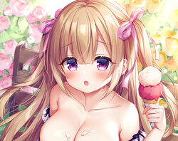  bare_shoulders bench blonde_hair blush breasts cleavage collarbone commentary_request cream_on_body female floral_background food food_on_body food_on_breasts hair_between_eyes hair_ribbon holding holding_food ice_cream large_breasts long_hair looking_at_viewer mitsuba_choco official_art open_mouth original pink_ribbon purple_eyes ribbon sidelocks sitting solo two_side_up upper_body 