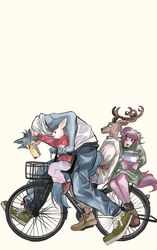  2boys 2girls absurdres animal_ears antlers bad_id bad_pixiv_id beastars bicycle bicycle_basket black_footwear blue_pants box clenched_teeth deer_boy dress furry furry_female furry_male green_dress haru_(beastars) height_difference highres holding hood hood_down hoodie horns juno_(beastars) leaning_back leaning_forward leaning_on_person leaning_to_the_side legoshi long_sleeves louis_(beastars) miizzeee multiple_boys multiple_girls multiple_riders outstretched_arm own_hands_together pants pink_pants pointing profile rabbit_ears rabbit_girl red_footwear red_hoodie shirt shoes sidesaddle simple_background sitting sleeves_rolled_up smile sneakers socks sweat teeth walking white_shirt wolf_boy 