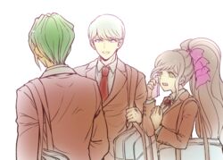  2boys bag blazer bow brown_jacket collared_shirt commentary_request danganronpa_(series) danganronpa_3_(anime) female formal green_eyes green_hair hairbow high_ponytail holding hope&#039;s_peak_academy_school_uniform jacket long_hair long_sleeves looking_at_another multiple_boys munakata_kyousuke neck_ribbon necktie open_mouth pink_bow ponytail red_ribbon ribbon sakakura_juuzou school_uniform shirt short_hair shoulder_bag simple_background smile upper_body white_background youko-shima yukizome_chisa 