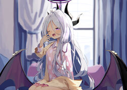  ;o absurdres blue_archive blurry cardigan cardigan_on_shoulders commentary_request curtains demon_girl demon_horns demon_wings depth_of_field female forehead highres hina_(blue_archive) hina_(pajamas)_(blue_archive) horns jacket jacket_on_shoulders long_hair long_sleeves looking_at_viewer one_eye_closed open_cardigan open_clothes pajamas parted_bangs pillow pink_pajamas polka_dot polka_dot_pajamas purple_eyes sidelocks sitting sleepy solo waking_up white_hair window wings yellow_cardigan yuki_hishaku 