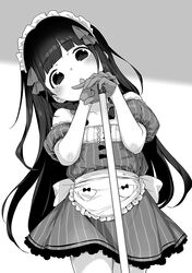  apron arms_up bare_shoulders blunt_bangs blush bow braid collarbone cowboy_shot dot_nose dress female gloves greyscale hairbow head_tilt henreader highres kyou_kara_ore_wa_loli_no_himo! long_hair looking_at_viewer maid_headdress monochrome nijou_touka non-web_source off_shoulder open_mouth short_sleeves simple_background solo straight-on tareme very_long_hair waist_apron 