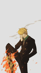  1boy blonde_hair fire formal from_side hair_over_eyes hand_in_pocket leg_lift male_focus nekome3 one_piece sanji_(one_piece) simple_background smoking solo standing suit 