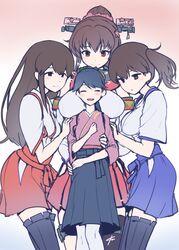  4girls absurdres akagi_(kancolle) akagi_kai_ni_(kancolle) between_breasts black_thighhighs blue_hair blue_hakama blush breasts brown_eyes brown_hair closed_eyes closed_mouth commentary_request ebizome flying_sweatdrops gradient_background hair_between_eyes hair_ribbon hakama hakama_skirt head_between_breasts headgear highres houshou_(kancolle) japanese_clothes kaga_(kancolle) kaga_kai_ni_(kancolle) kantai_collection large_breasts long_hair medium_breasts multiple_girls open_mouth pantyhose ponytail red_hakama ribbon side_ponytail simple_background size_difference skirt smile tassel tasuki thighhighs white_legwear yamato_(kancolle) yuri 