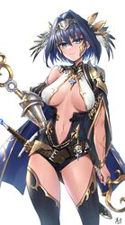  blue_eyes blue_hair bow breasts cleavage earrings female gauntlets gloves hair_intakes hair_ornament helm helmet highres hololive hololive_english jewelry keisuke_desu~ navel necklace ouro_kronii short_hair simple_background solo sword thighhighs tiara virtual_youtuber weapon 