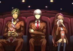  2boys brown_hair commentary_request danganronpa_(series) danganronpa_3_(anime) female food green_eyes hair_ribbon handkerchief high_ponytail hope&#039;s_peak_academy_school_uniform jacket long_hair movie_theater multiple_boys munakata_kyousuke ponytail popcorn ribbon sakakura_juuzou school_uniform short_hair sitting tearing_up theater youko-shima yukizome_chisa 