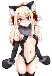  animal_ear_fluff animal_ears animal_hands bare_shoulders bell black_gloves black_leotard black_thighhighs blonde_hair blush breasts cat_ears cat_tail center_opening commentary_request elbow_gloves fate/kaleid_liner_prisma_illya fate_(series) female fur_collar gloves hair_between_eyes hair_ribbon highleg highleg_leotard highres illyasviel_von_einzbern illyasviel_von_einzbern_(beast_style) jingle_bell leotard long_hair looking_at_viewer navel official_alternate_costume paw_gloves red_eyes red_ribbon ribbon simple_background small_breasts smile solo tail thighhighs touchuu_kasou two_side_up white_background 