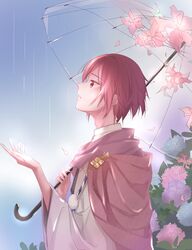  1boy absurdres flower food_fantasy from_side highres hydrangea kirikuraria male_focus mizu_shingen_mochi outdoors over_shoulder personification petals pink_eyes pink_hair profile rain raindrop_cake_(food_fantasy) short_hair solo transparent transparent_umbrella umbrella wide_sleeves 