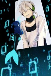  1boy ^_^ blue_hair closed_eyes digital_dissolve ene_(kagerou_project) female headphones kagerou_project konoha_(kagerou_project) mermaid monster_girl monsterification nekome3 smile twintails white_hair window 