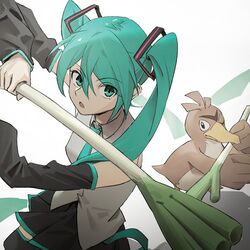  :o aqua_eyes aqua_hair aqua_necktie bare_shoulders beak bird black_skirt black_sleeves black_thighhighs brown_bird commentary cowboy_shot detached_sleeves farfetch&#039;d female fighting_stance food grey_shirt hair_ornament hatsune_miku highres holding holding_food holding_spring_onion holding_vegetable long_hair looking_at_viewer miniskirt necktie one_eye_closed open_mouth pleated_skirt pokemon pokemon_(creature) redrawn shirt skirt sleeveless sleeveless_shirt spring_onion thighhighs twintails vegetable very_long_hair vocaloid white_background wounds404 