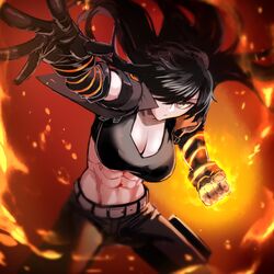  abs belt black_gloves black_hair black_pants black_sports_bra borrowed_character breasts cleavage clenched_hand cowboy_shot crop_top elbow_gloves female fire floating_hair gloves grey_eyes hair_over_one_eye highres hinomoto_madoka large_breasts long_hair looking_at_viewer midriff navel original pants second-party_source sera_(judgemint) serious solo sports_bra white_belt 