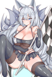  absurdres animal_ears azur_lane bad_id bad_pixiv_id bare_shoulders black_skirt black_thighhighs blue_eyes breasts bridal_gauntlets checkered_flag cleavage closed_mouth collarbone commentary constricted_pupils dot_nose female flag fox_ears fox_girl frilled_skirt frills grey_hair hair_between_eyes highres holding holding_flag huge_breasts knee_up leotard long_hair microskirt official_alternate_costume okine_(okine691) race_queen shadow shinano_(azur_lane) shinano_(moonlit_chrome)_(azur_lane) simple_background sitting skirt smile solo split_mouth spread_legs tail thick_thighs thighhighs thighs very_long_hair white_background white_footwear 