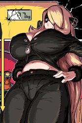  belly blonde_hair breasts cleavage crack cynthia_(pokemon) female garchomp hair_ornament hair_over_one_eye kingbawoon large_breasts long_hair navel pants plump pokemon pokemon_(creature) pokemon_dppt shaded_face sweat very_long_hair weighing_scale weight_conscious 