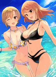  2girls :d aiba_yumi armpit_crease ashita_(2010) bikini black_bikini black_choker blue_sky blush breasts choker cleavage collarbone commission cowboy_shot day frilled_bikini frills groin halterneck highres hojo_karen idolmaster idolmaster_cinderella_girls looking_at_viewer multi-strapped_bikini multiple_girls navel ocean one_eye_closed outdoors partially_submerged round_teeth side-tie_bikini_bottom skeb_commission sky smile stomach swimsuit teeth thigh_gap 