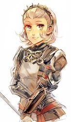  armor female fire_emblem fire_emblem_fates grey_eyes grey_hair hairband highres holding holding_polearm holding_weapon kash-phia medium_hair polearm smile solo sophie_(fire_emblem) turtleneck upper_body weapon 