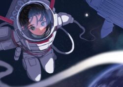  astronaut brown_eyes brown_hair commentary earth_(planet) female floating gloves highres kaneni looking_at_viewer lower_teeth_only medium_hair moon original parted_lips planet rope solo space spacecraft spacesuit star_(sky) teeth white_gloves 