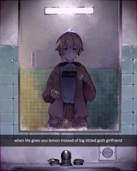  ahoge bathroom black_choker black_eyes blush brown_jacket brown_skirt cellphone choker closed_mouth clothes_writing commentary cowboy_shot electrical_outlet english_commentary english_text faucet female food fruit godekasu hand_up highres holding holding_phone jacket lemon long_sleeves looking_at_viewer mirror open_clothes open_jacket original phone pleated_skirt reflection sad selfie short_hair sink skirt smartphone snapchat soap_bottle solo standing tile_wall tiles wall_lamp 