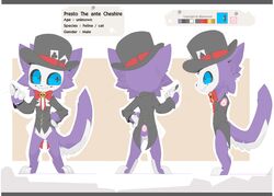  &gt;:3 2020 3_toes 4_fingers alternate_version_at_source anthro artist_name big_tail black_clothing black_hat black_headwear black_nose black_pawpads black_sclera blue_eyes bottomless bow_tie card chest_tuft claws clothed clothing clubs_(suit) color_swatch cross_pupils cross_section digital_media_(artwork) domestic_cat dress_shirt english_text facial_markings feet felid feline felis fingers fluffy front_view fur fur_markings furgonomics grin hat head_markings headgear headwear hindpaw looking_aside male mammal markings mask_(marking) model_sheet multicolored_body multicolored_fur multicolored_tail pawpads paws playing_card presto_(artist) presto_(character) pupils purple_body purple_ears purple_fur purple_tail rear_view shirt side_view simple_background smile snout solo spades_(suit) standing suit_symbol tail tailless tan_background teeth text toes top_hat topwear tuft white_background white_body white_fur white_markings white_tail 