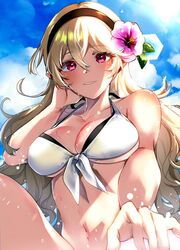  alternate_costume bare_shoulders bikini blue_sky breasts cleavage cloud collarbone commentary corrin_(female)_(fire_emblem) corrin_(female)_(summer)_(fire_emblem) corrin_(fire_emblem) day female fire_emblem fire_emblem_fates fire_emblem_heroes flower hair_between_eyes hair_flower hair_ornament hairband long_hair looking_at_viewer navel nekolook official_alternate_costume pointy_ears red_eyes sky smile solo swimsuit white_bikini white_hair 