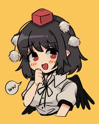  bad_id bad_twitter_id black_bow black_bowtie black_hair blush bow bowtie breasts buttons collared_shirt female hair_between_eyes hand_on_own_face hand_up hat laughing looking_to_the_side medium_breasts open_mouth orange_background pointy_ears pom_pom_(clothes) puffy_short_sleeves puffy_sleeves rbfnrbf_(mandarin) red_eyes red_hat shameimaru_aya shirt short_hair short_sleeves simple_background smile solo tokin_hat touhou upper_body white_shirt wings 