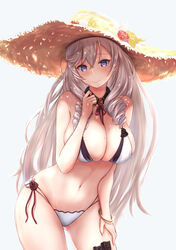  algerie_(azur_lane) algerie_(white_sand_paradise)_(azur_lane) amano_kusatsu ass_visible_through_thighs azur_lane bangle bare_shoulders bikini blush bracelet breasts brown_hat cleavage closed_mouth commentary_request detached_collar dress drill_hair female flower grey_background grey_hair hand_on_own_thigh hand_up hat hat_flower highres jewelry large_breasts leaning_forward long_hair looking_at_viewer mole mole_on_breast mole_under_eye navel official_alternate_costume purple_eyes red_flower red_rose rose simple_background skindentation smile solo stomach straw_hat sun_hat swimsuit very_long_hair white_dress yellow_flower yellow_rose 