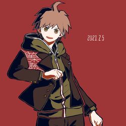  1boy :d ahoge arm_at_side black_jacket brown_eyes brown_hair character_name commentary_request cowboy_shot danganronpa:_trigger_happy_havoc danganronpa_(series) dated hand_up hood hood_down hoodie jacket kiri_(2htkz) long_sleeves looking_at_viewer male_focus naegi_makoto open_mouth pants red_background short_hair simple_background smile solo 